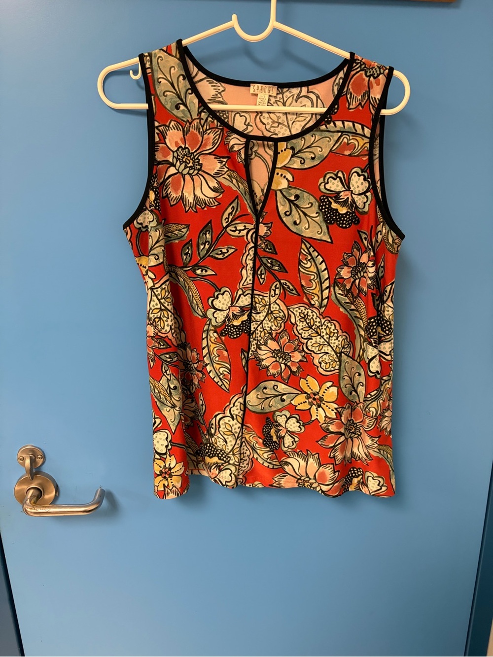 Spense Sleeveless Floral Keyhole Top in Orange Tropical Print Size L